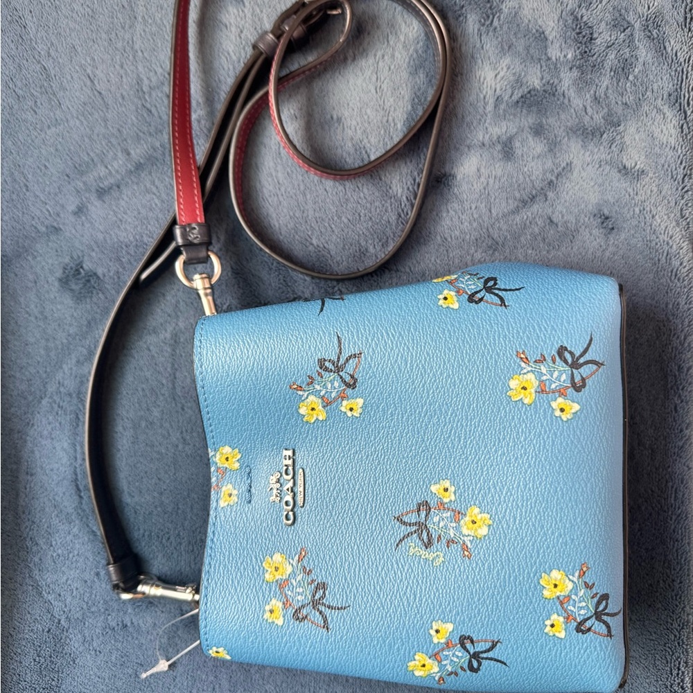 Coach Mini Town Bucket Bag Blue Leather Crossbody Bag with Yellow Floral Bow